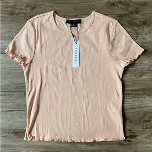 Sanctuary Tee Shirt Women’s Size S peach ribbed 100% cotton ruffle hem New